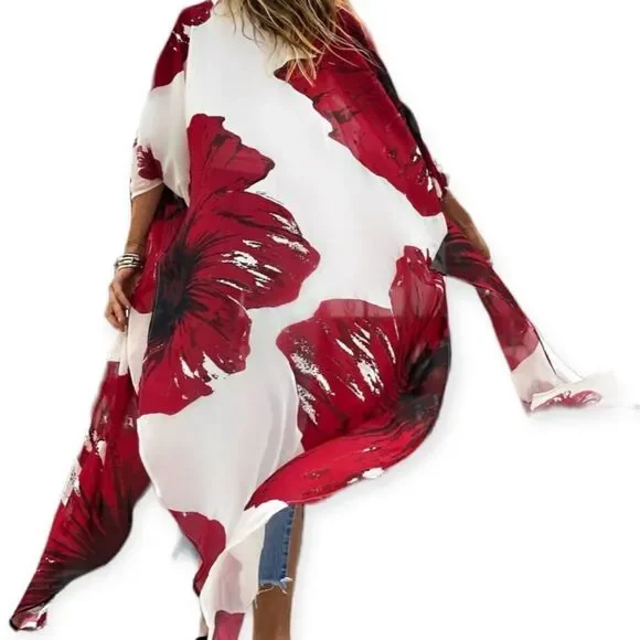 White Red Floral Open Front Long Kimono Robe Cover Up NEW - Picture 3 of 4